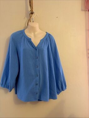 Relaxed Blue Button-Front Cotton Gauze Blouse. Cotton
